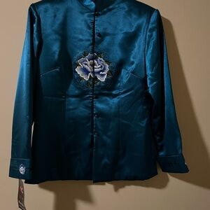 Vintage Blazer with Floral Embroidery and Mandarin Collar